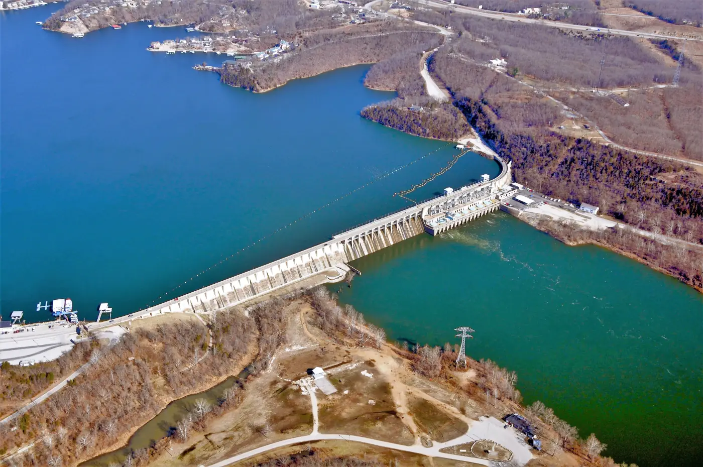 Aerial view of Bagnell Dam holding back Lake of the Ozarks.