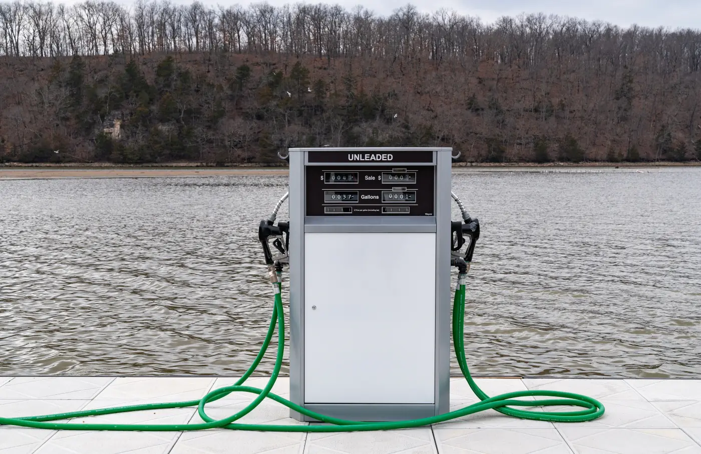 A fuel pump at the end of a marina dock at Lake of the Ozarks State Park.