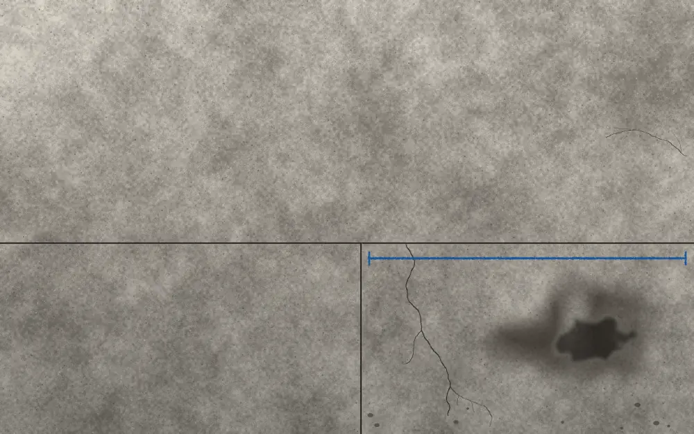 Illustration of a bare garage slab with four numbered marks: 1, the floor measurement; 2, a crack circled in orange paint; 3, an oil stain circled; 4, a moisture test spot.